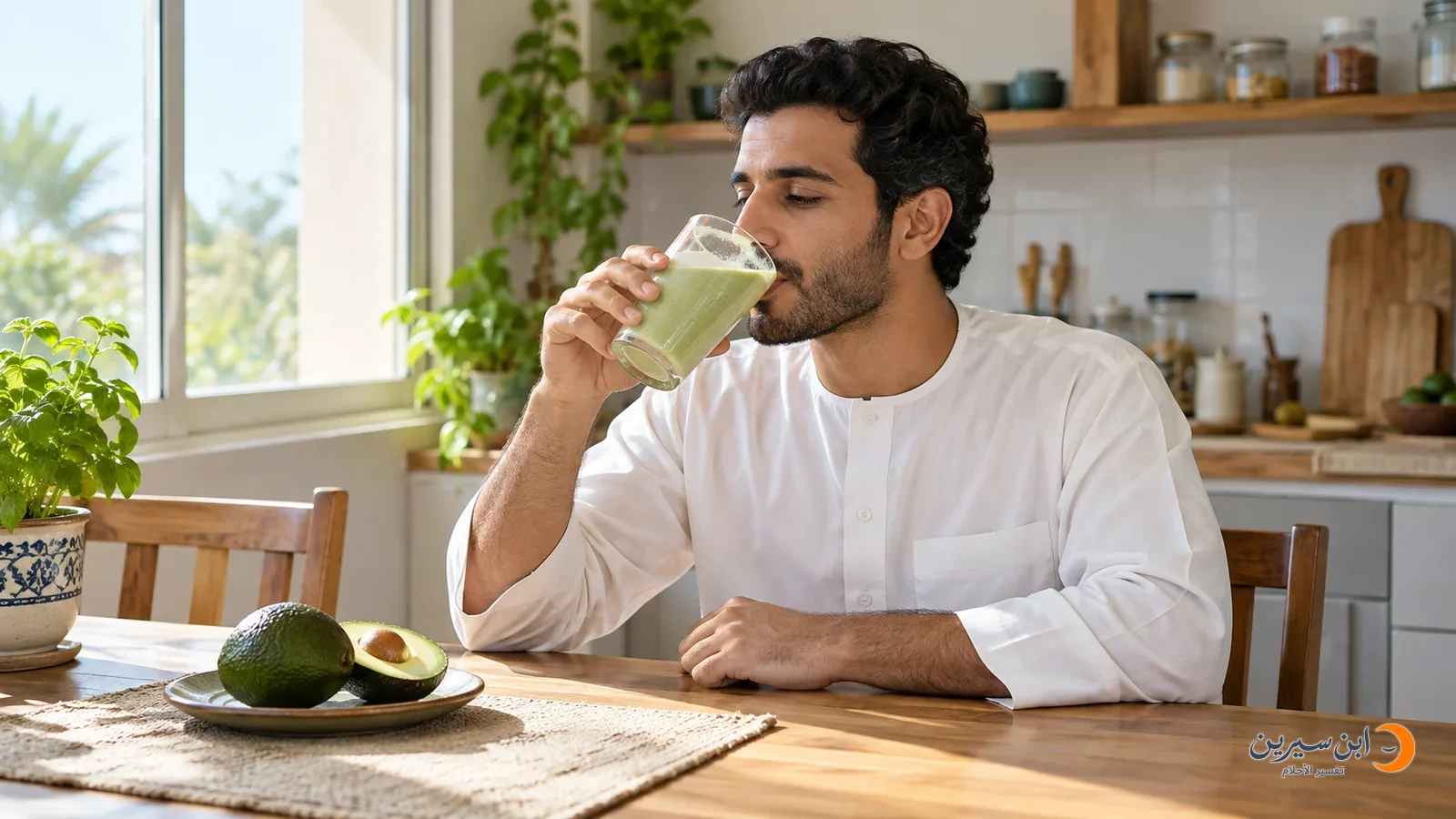 رجل يشرب عصير الأفوكادو في المنزل