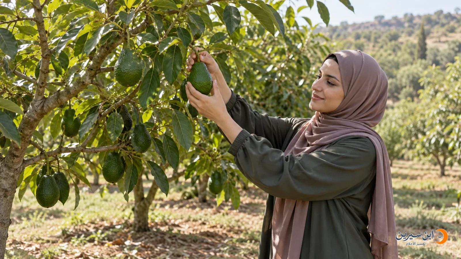 امرأة تقطف ثمرة أفوكادو من شجرة مثمرة
