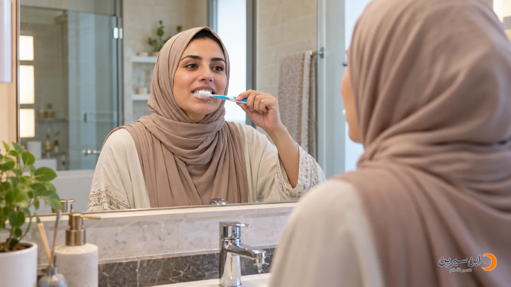 امرأة تنظف أسنانها بفرشاة ومعجون أمام المرآة