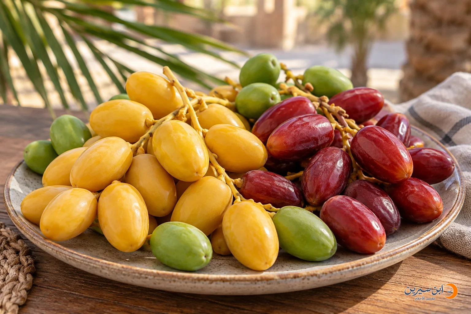بلح أصفر وأحمر وأخضر في طبق