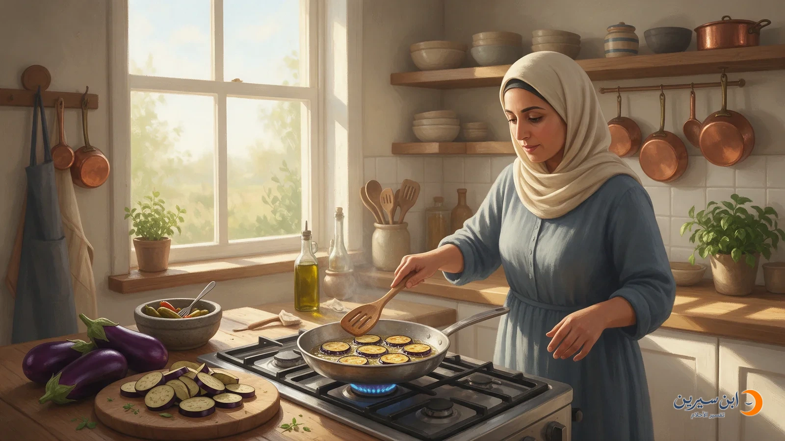 امرأة تقلي شرائح الباذنجان الدائرية في مقلاة وتحركها بملعقة خشبية