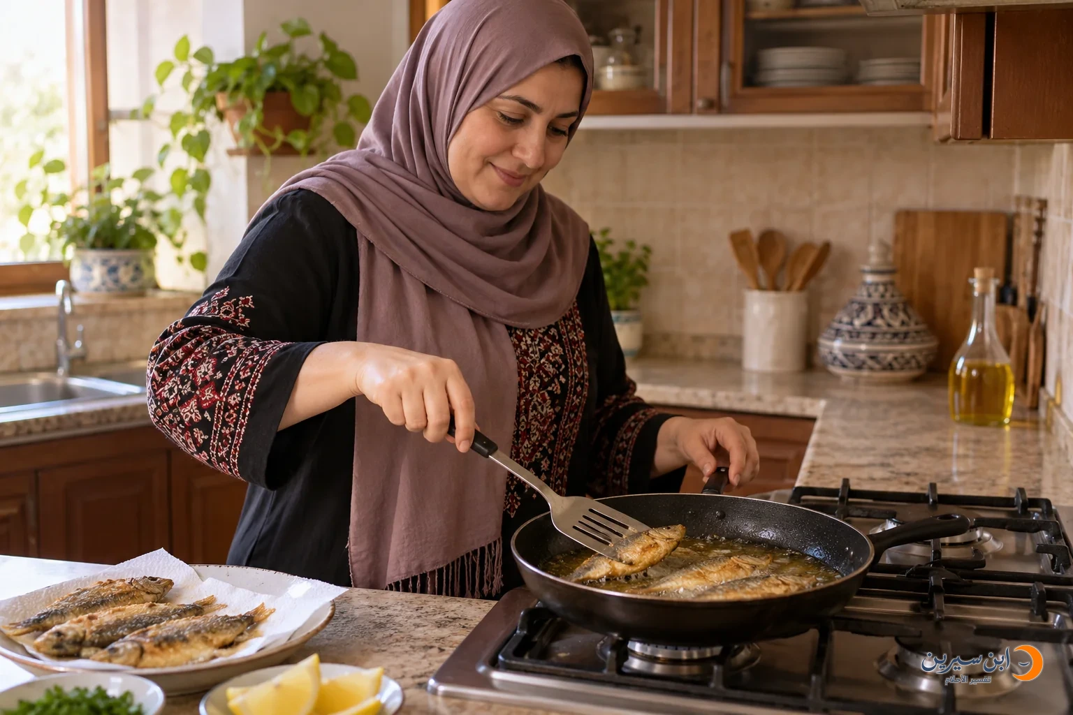 امرأة تقلي السمك في مقلاة على موقد المطبخ
