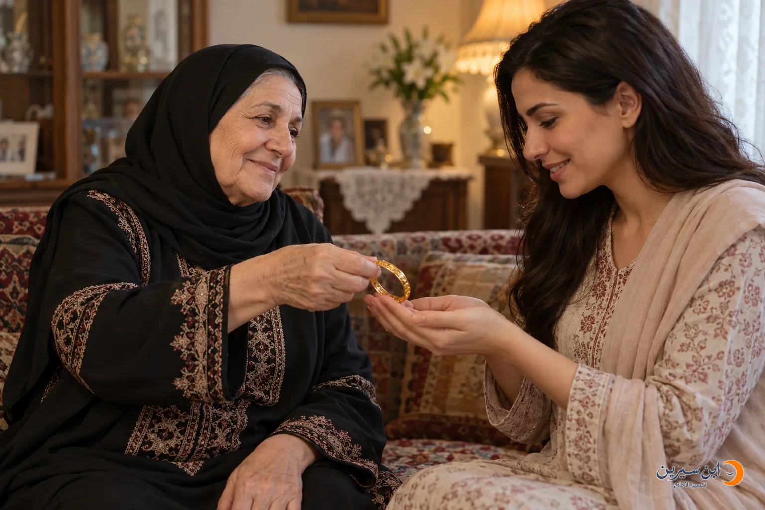 مشهد تعبيري لأم متوفاة تعطي ابنتها ذهبًا في الرؤيا