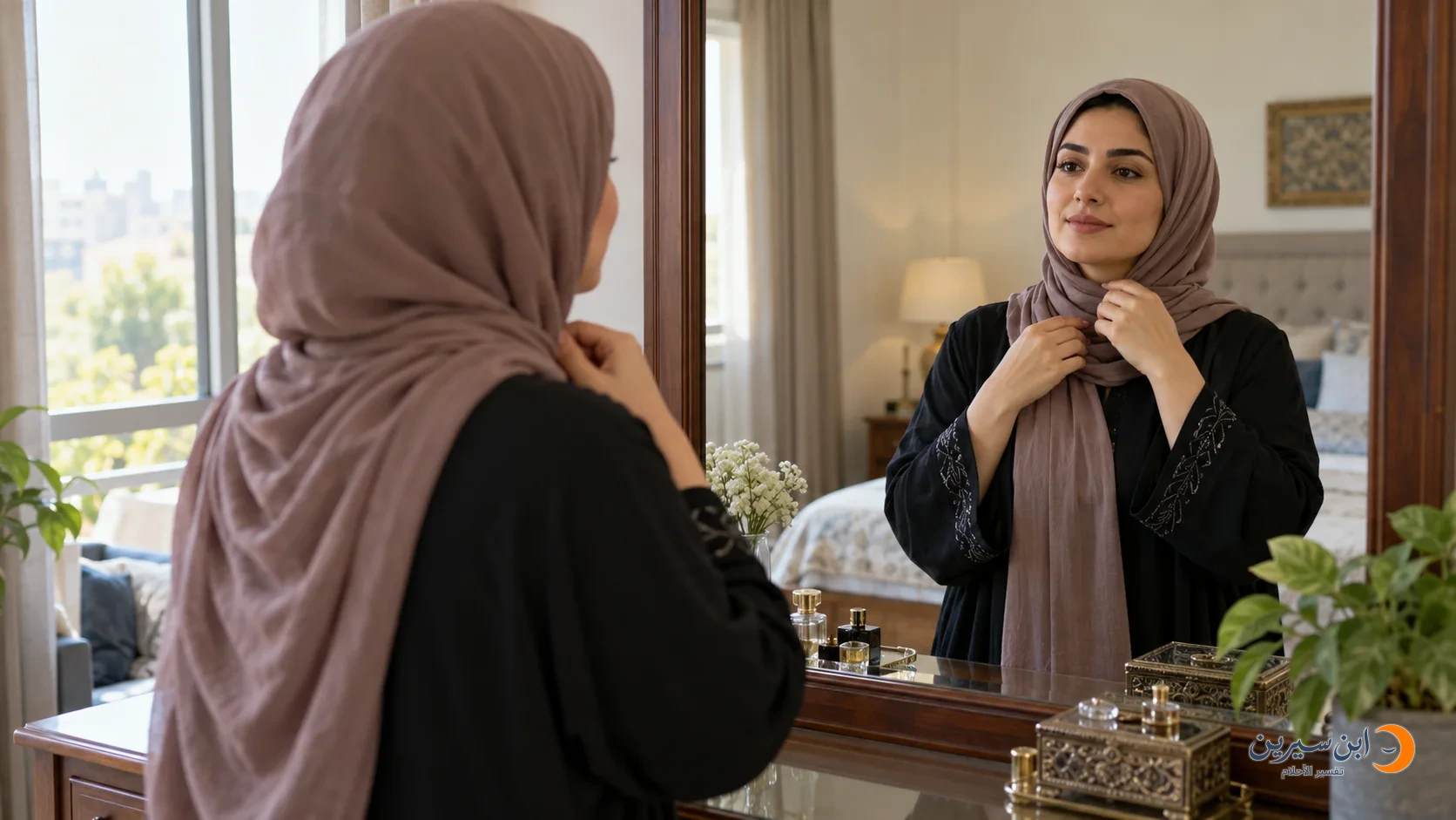 امرأة ذات حاجبين واضحين أمام المرآة