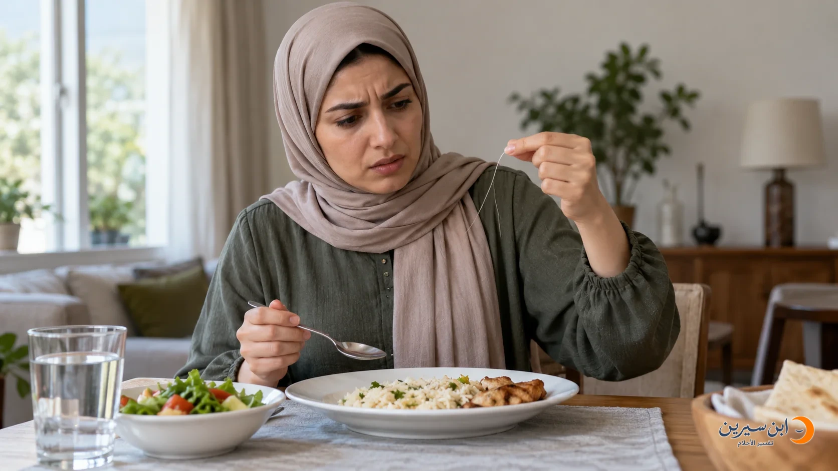 امرأة تفحص شعرة فوق طبق طعام