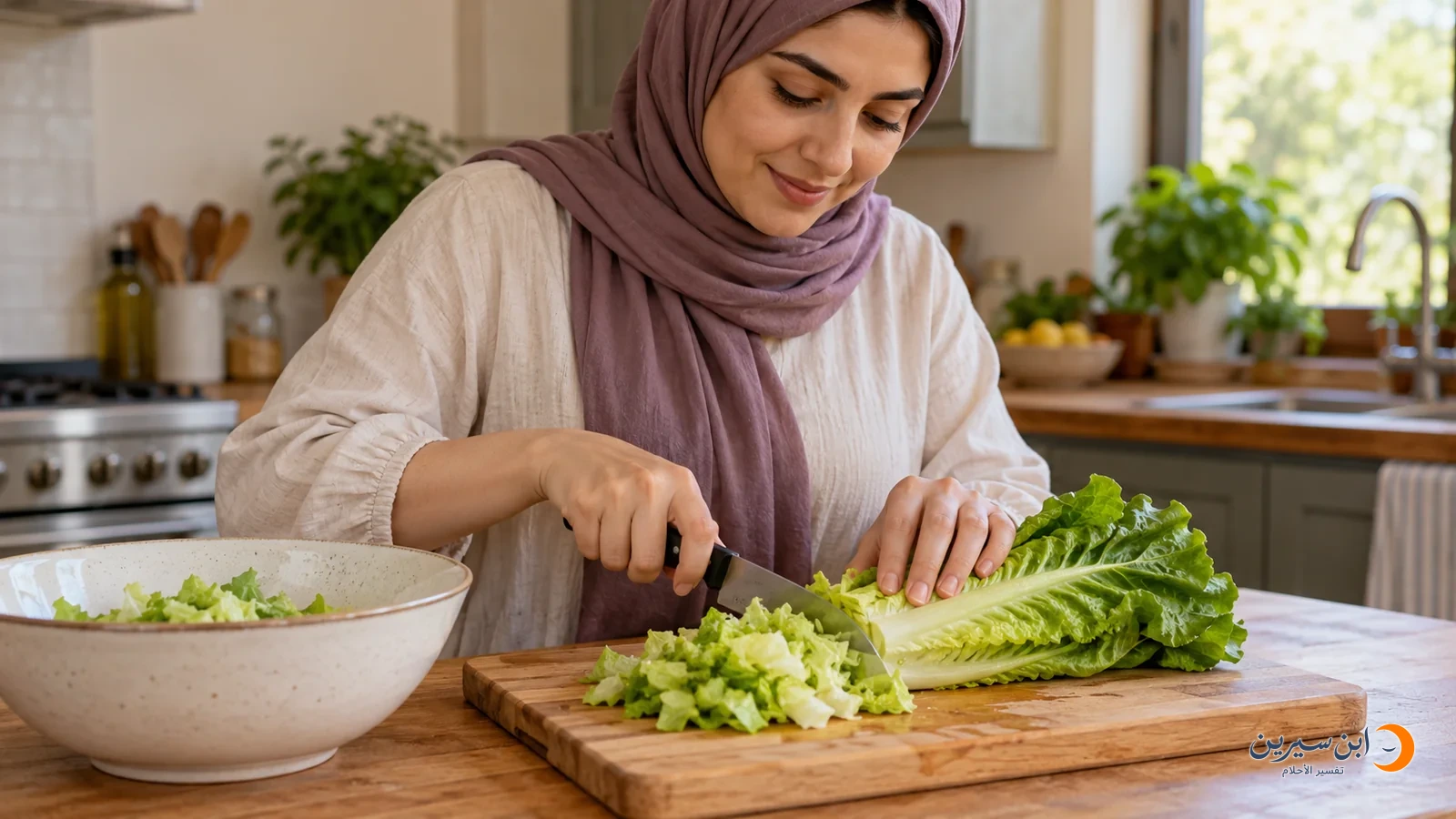 امرأة تقطع خسًا أخضر لتحضير سلطة