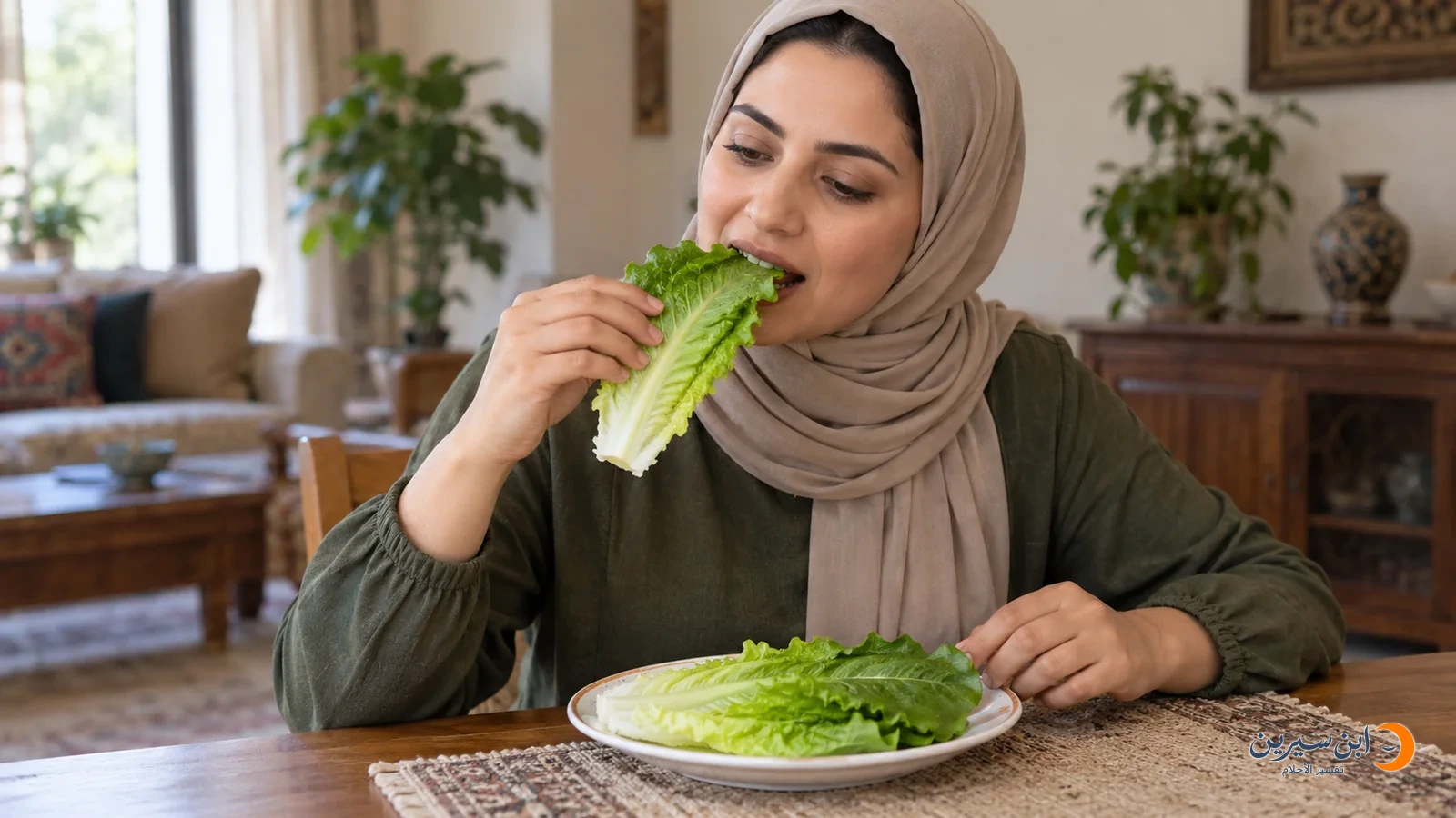 امرأة تأكل ورقة خس خضراء على مائدة