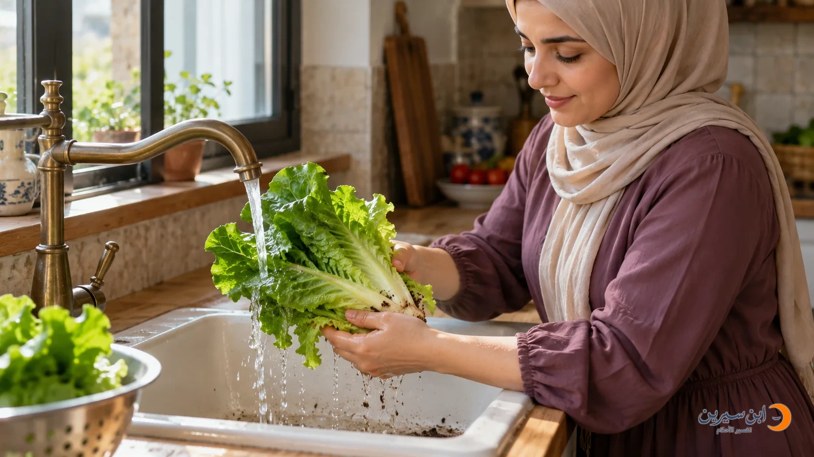امرأة تغسل أوراق الخس من الطين بالماء