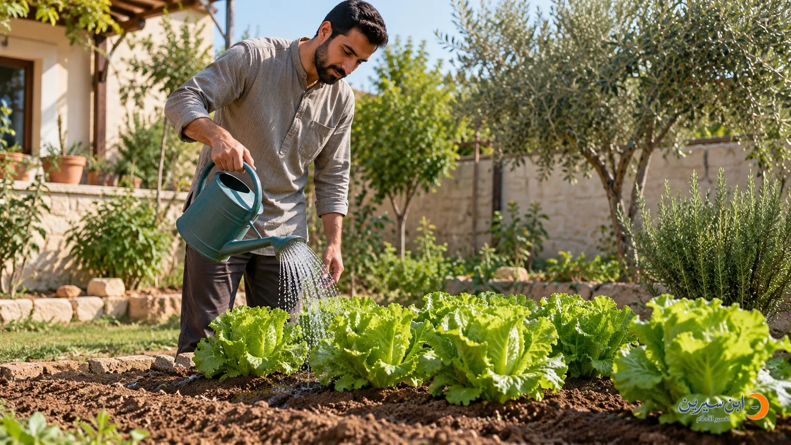 رجل يسقي نباتات الخس في حديقة منزلية