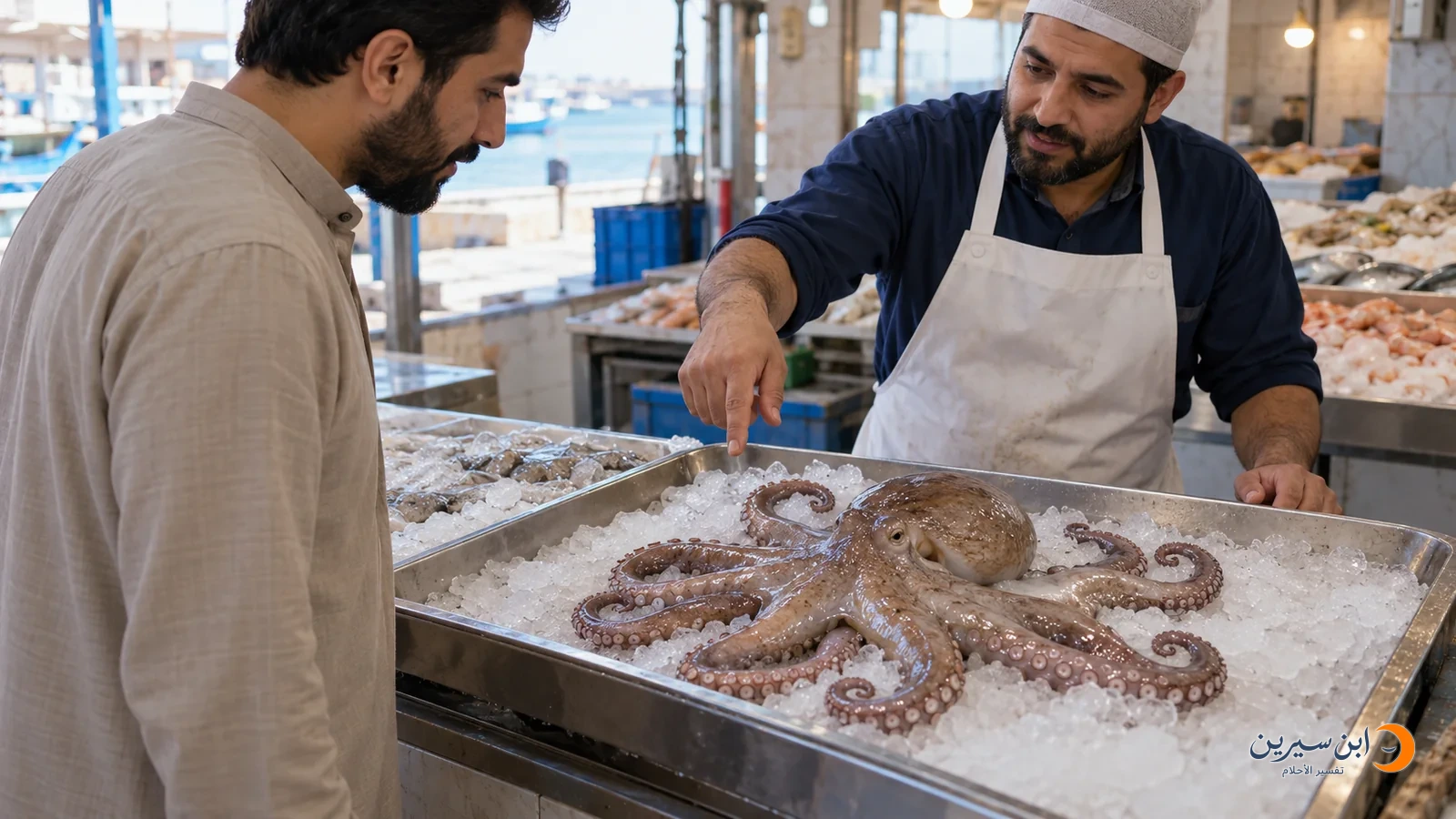 رجل يشتري أخطبوطًا من بائع مأكولات بحرية