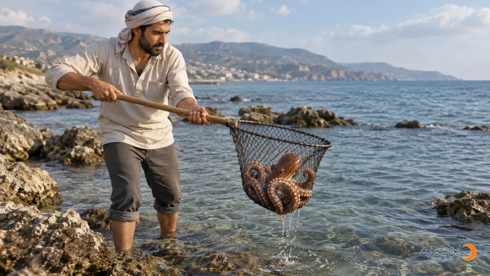 صياد يصيد أخطبوطًا بشبكة عند شاطئ البحر
