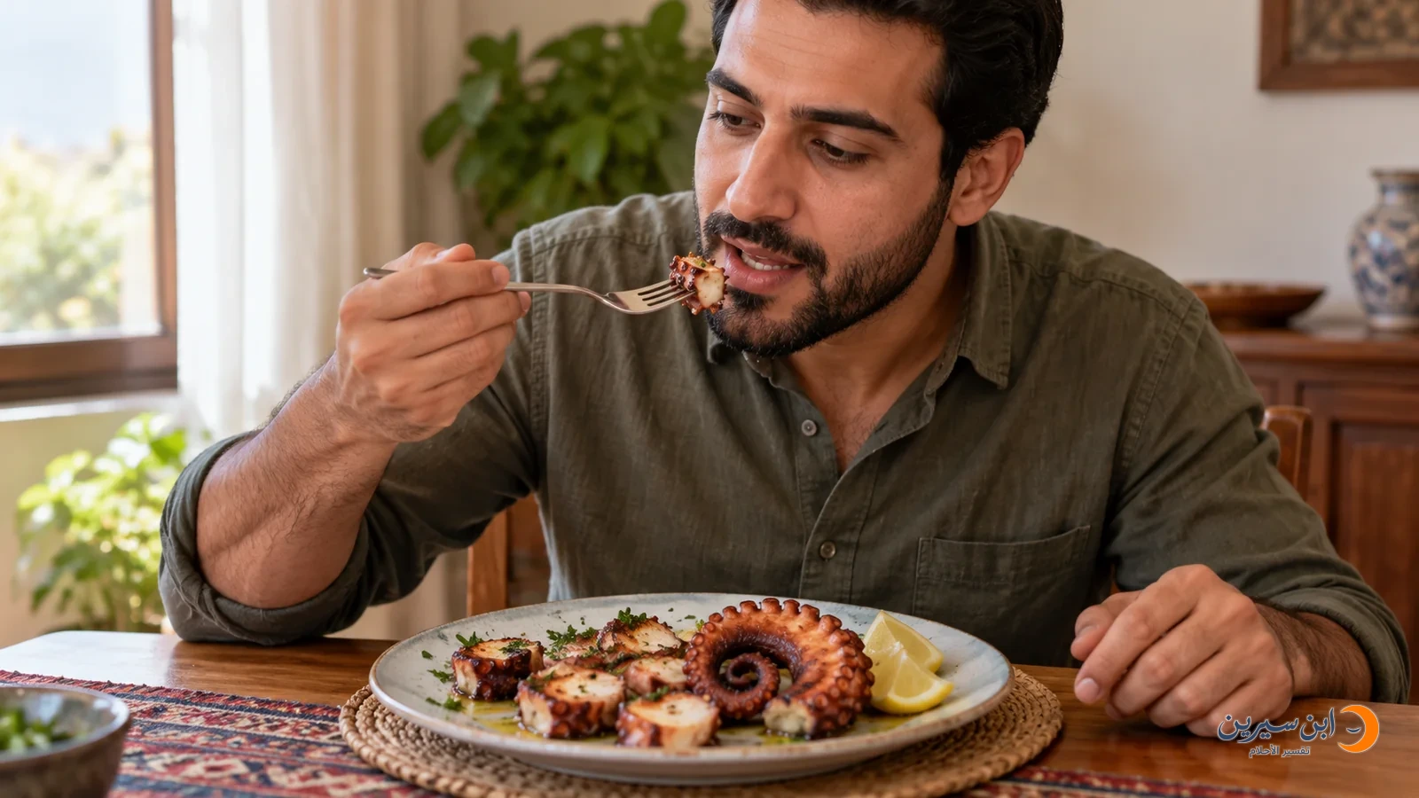 رجل يتناول أخطبوطًا مطبوخًا في طبق على مائدة