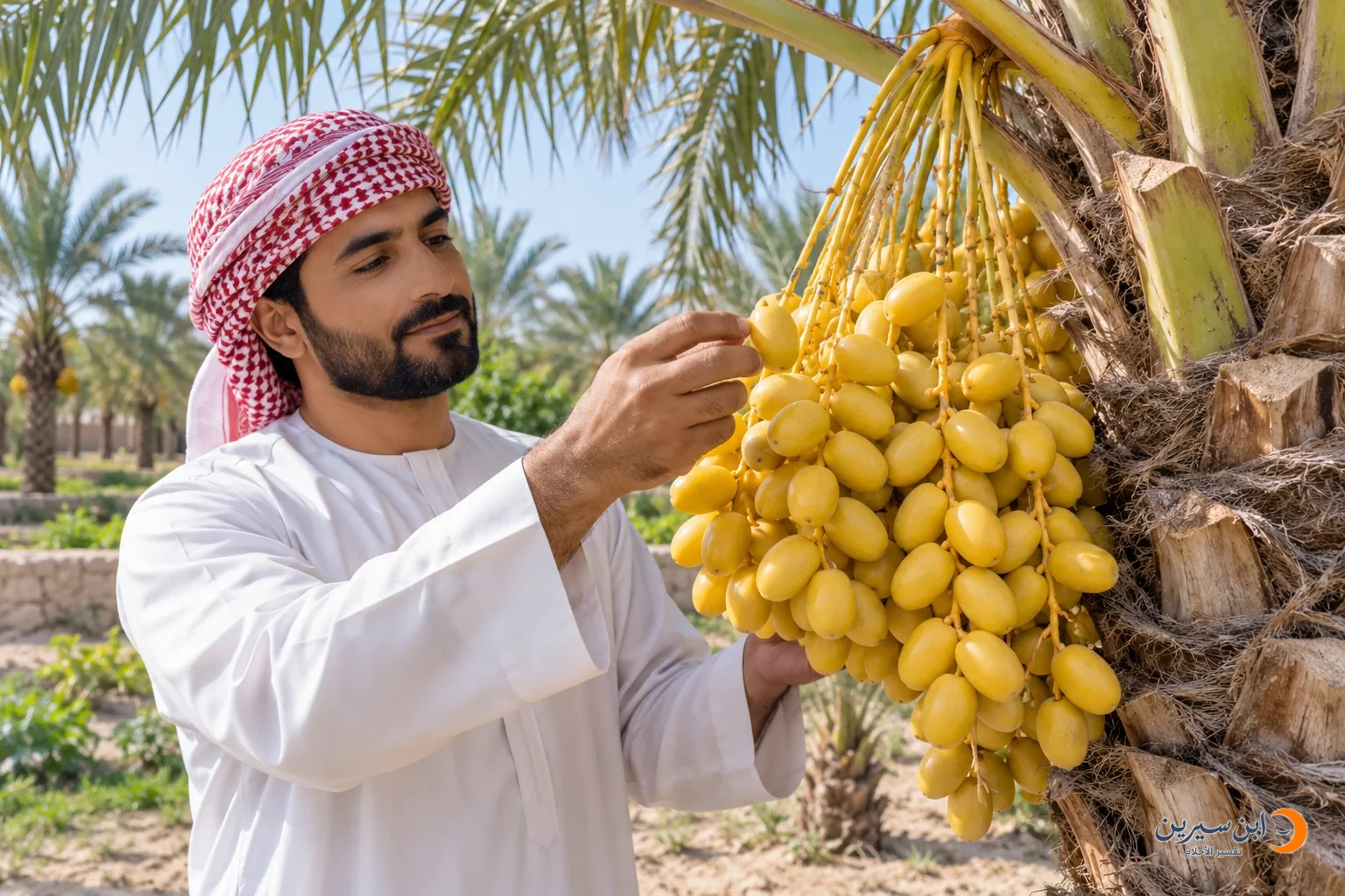 رجل يقطف بلحًا أصفر من نخلة