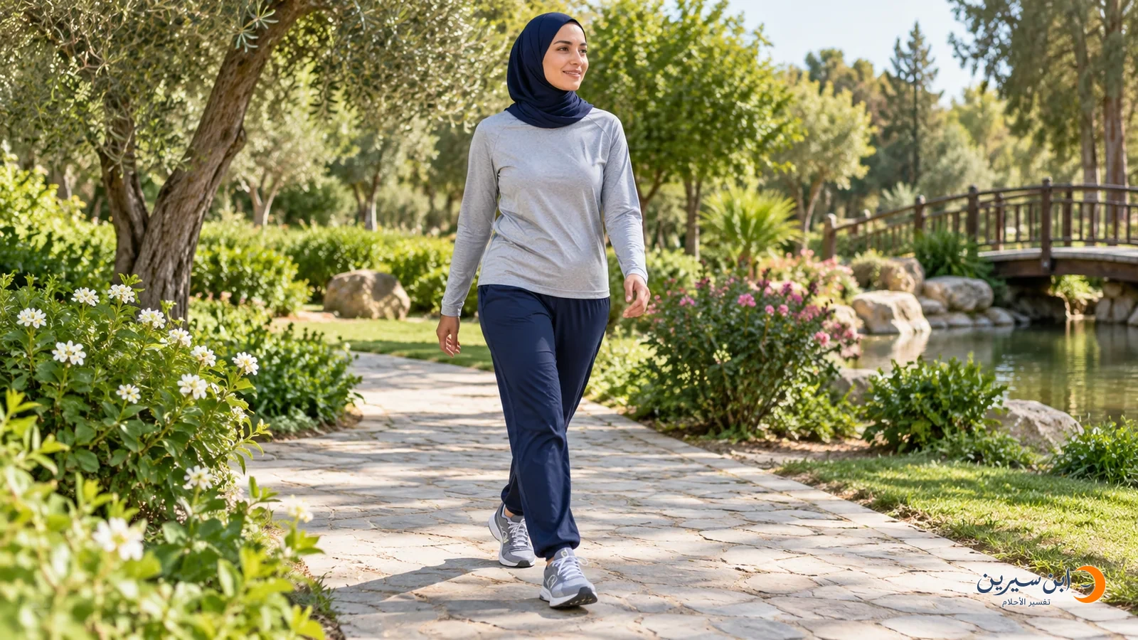 امرأة تمشي بحذاء رياضي على ممر في حديقة