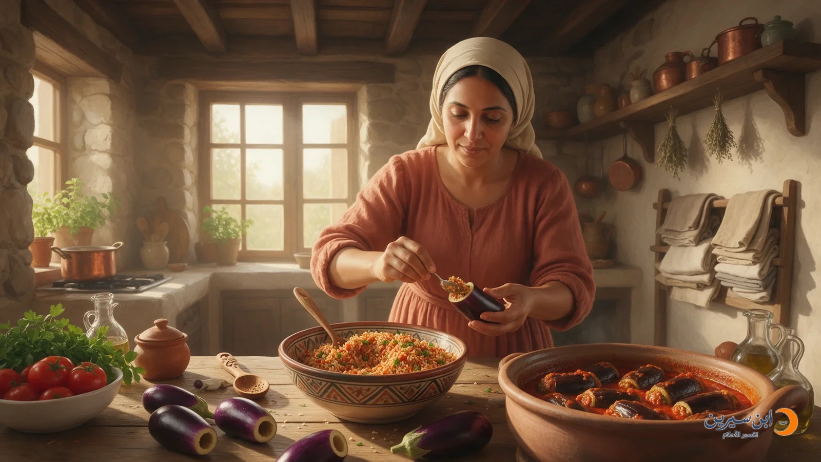 امرأة تملأ باذنجانة محفورة بحشوة الأرز وإلى جانبها قدر محشي
