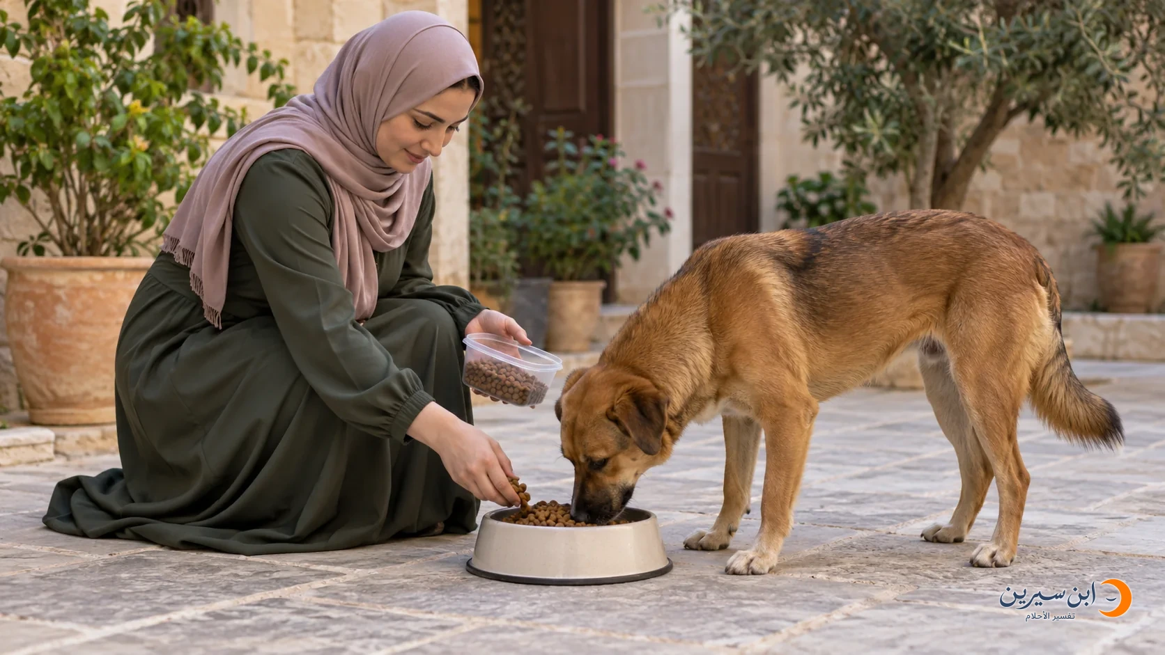 امرأة تقدم الطعام لكلب جائع يأكل من وعاء أمامها