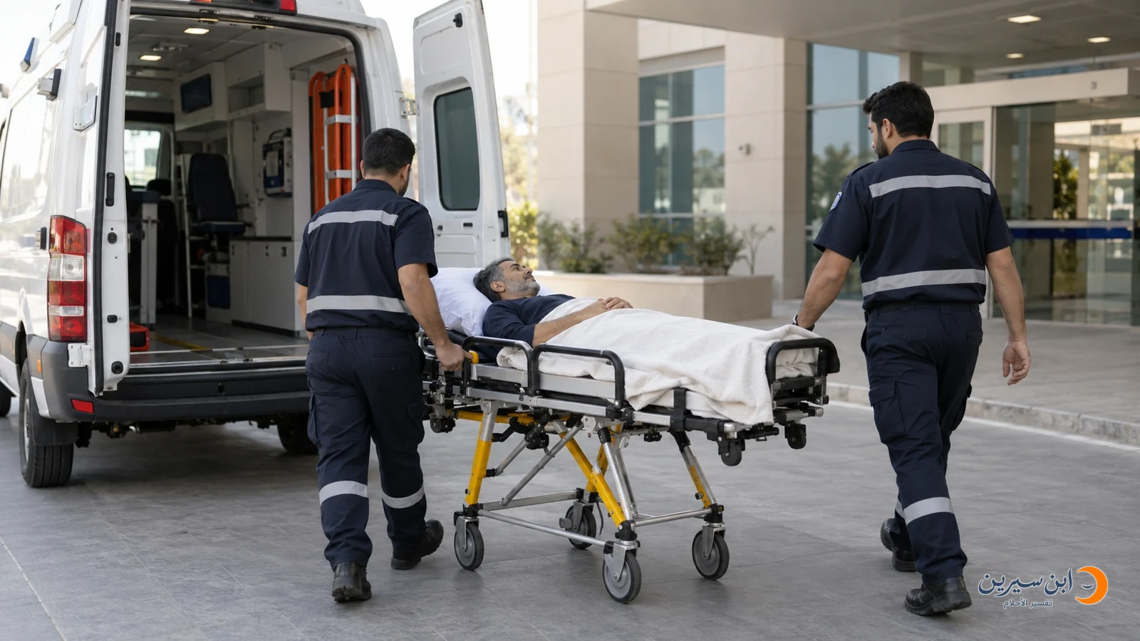مسعفان ينقلان مريضًا على نقالة بجوار سيارة إسعاف