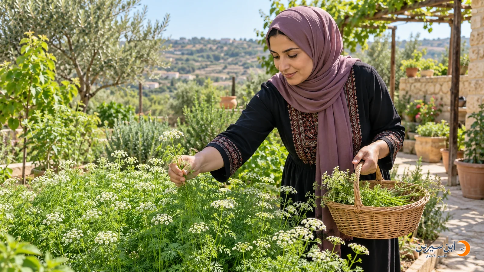 امرأة تقطف اليانسون من حديقة