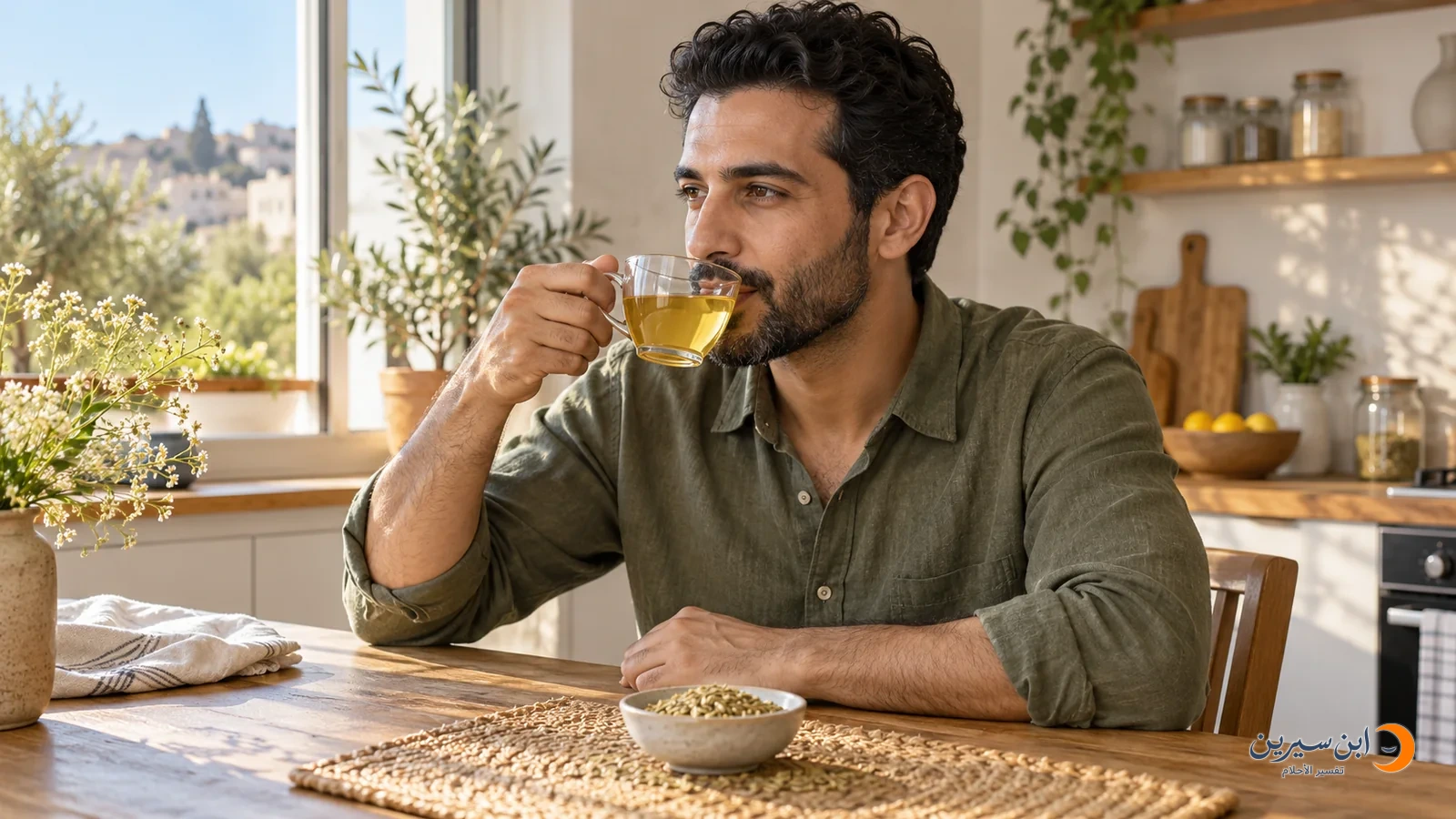 رجل يشرب اليانسون في المنزل