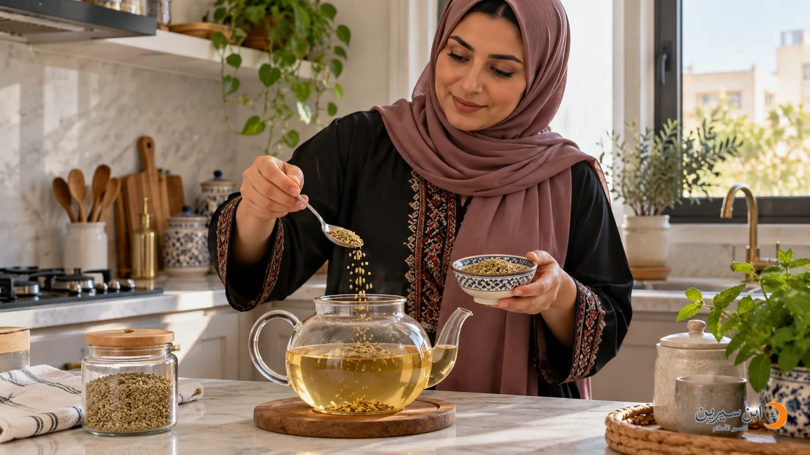 امرأة تحضر شراب اليانسون في المطبخ