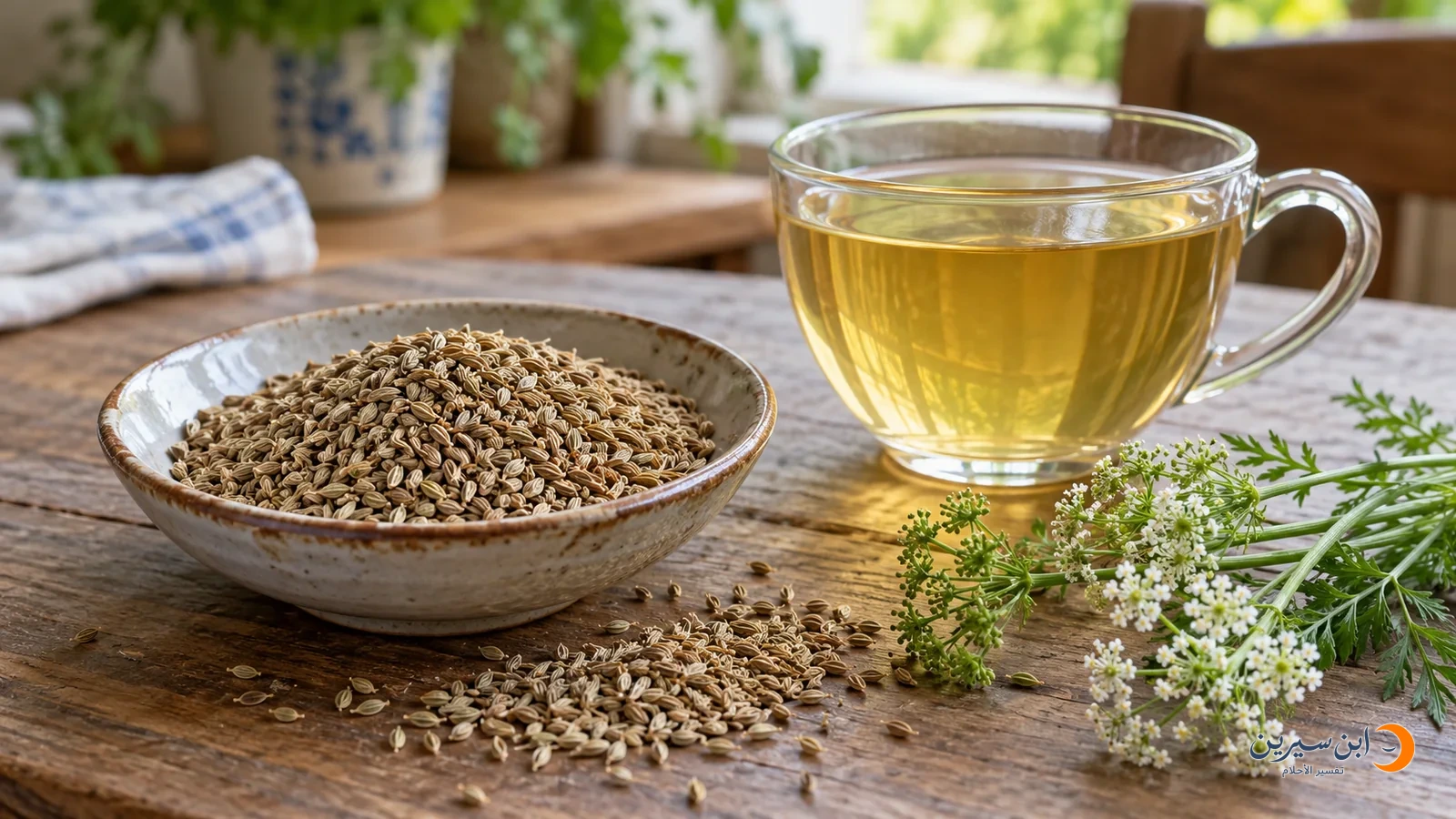 حبوب اليانسون العادي وكوب شرابه على طاولة
