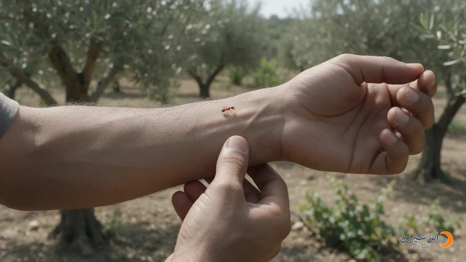 رجل يتفقد ساعده وعليه نملة بنية صغيرة دون جرح