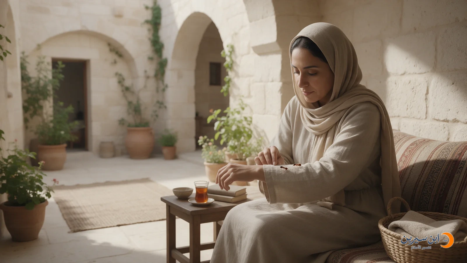 امرأة عربية تنظر إلى نمل صغير على كمها في فناء حجري