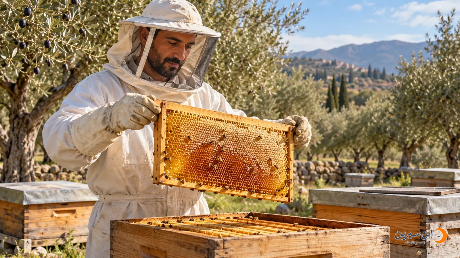 نحال عربي بلباس واق يحمل إطار شهد العسل فوق خلية مفتوحة