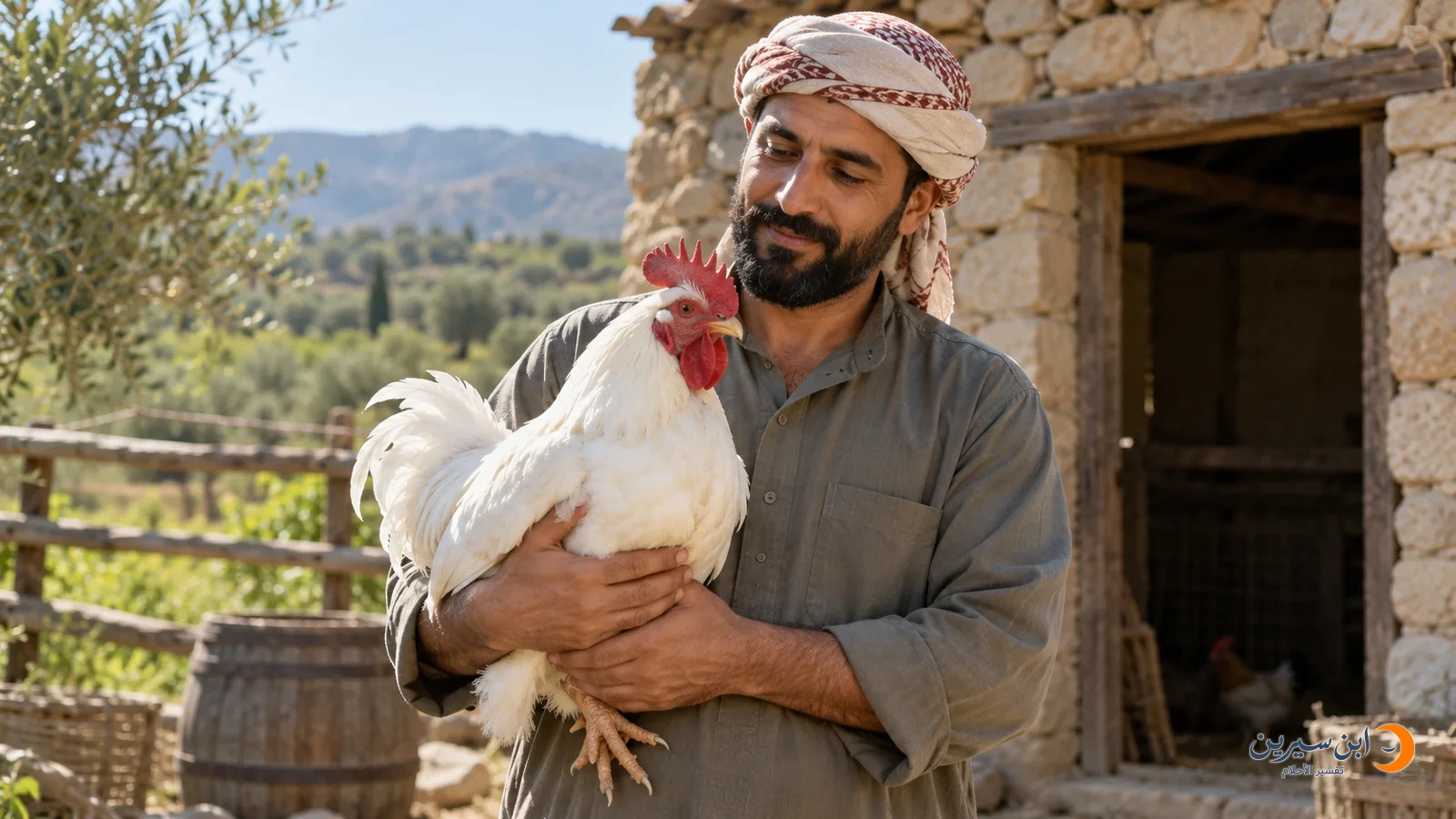 رجل عربي يحمل ديكا أبيض برفق في فناء مزرعة