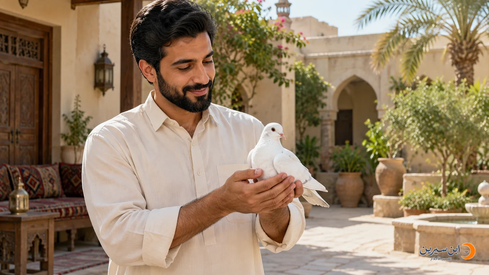 رجل عربي يمسك حمامة بيضاء بيديه برفق