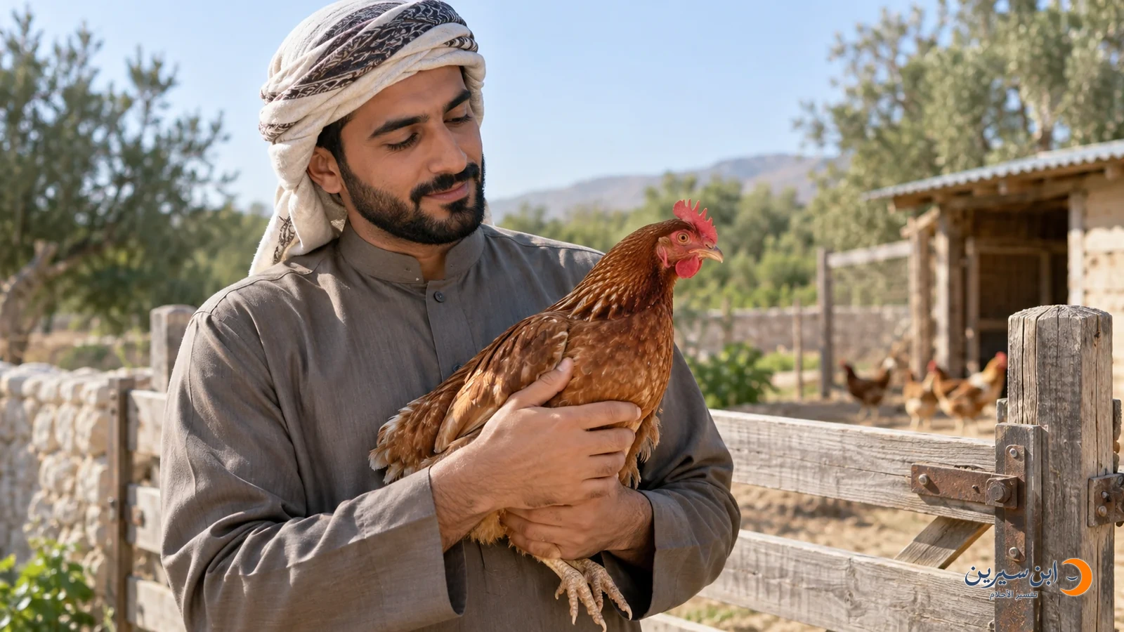 رجل عربي يمسك دجاجة بنية برفق أمام مأوى ريفي