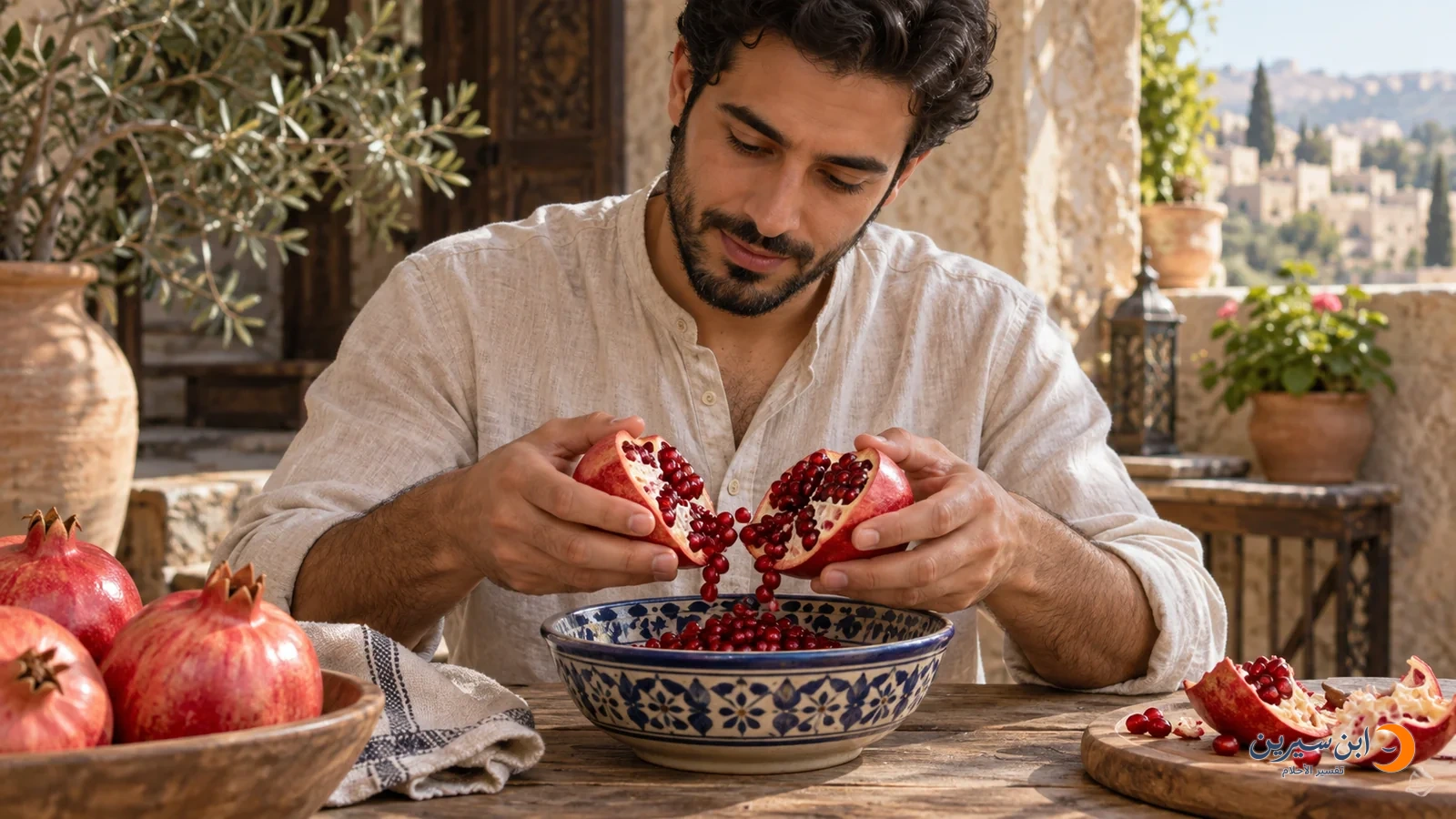 رجل عربي يفرط الرمان فوق وعاء