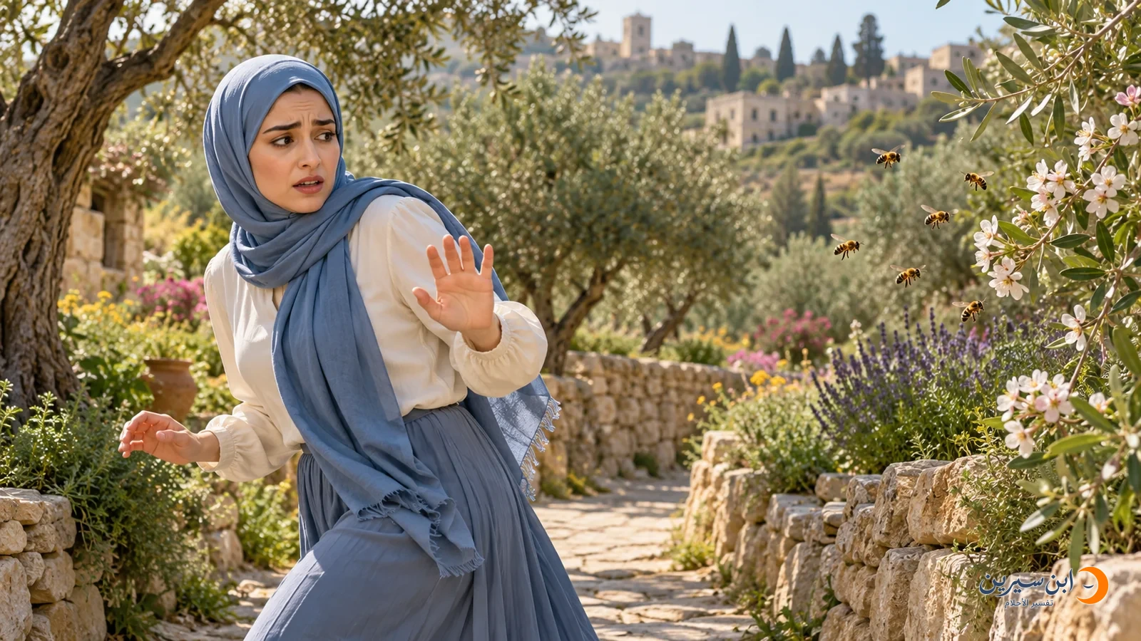 امرأة عربية بحجاب أزرق تبتعد بقلق عن مجموعة نحل في بستان