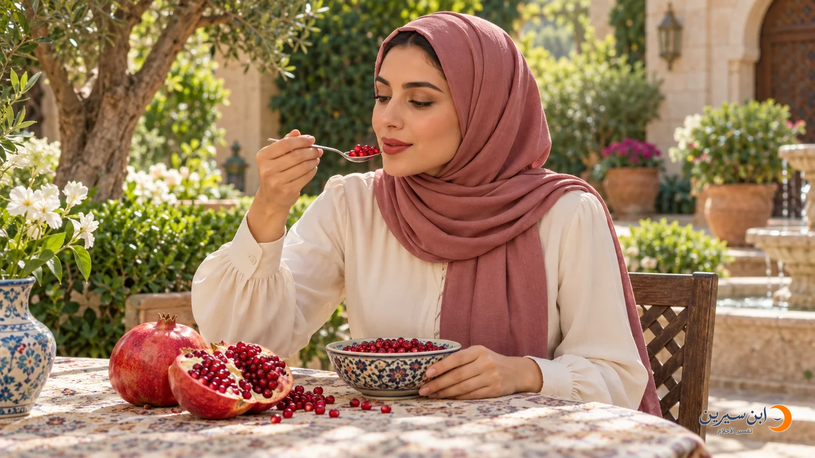 امرأة عربية ترفع ملعقة من حب الرمان لتأكله