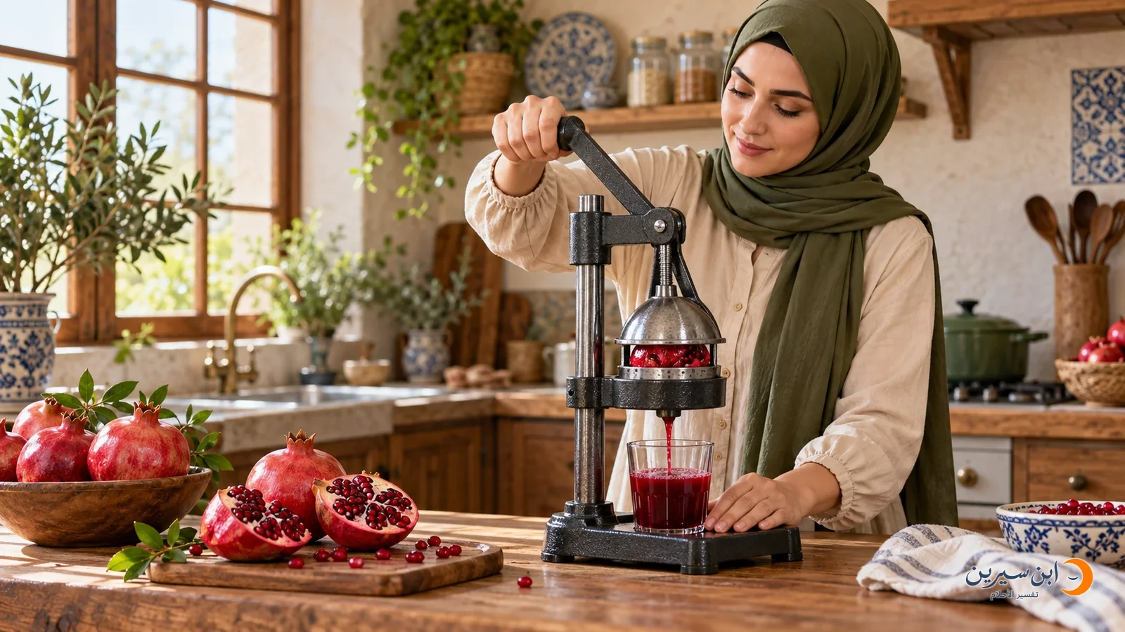 امرأة عربية تعصر الرمان بعصارة يدوية ويجمع العصير في كأس