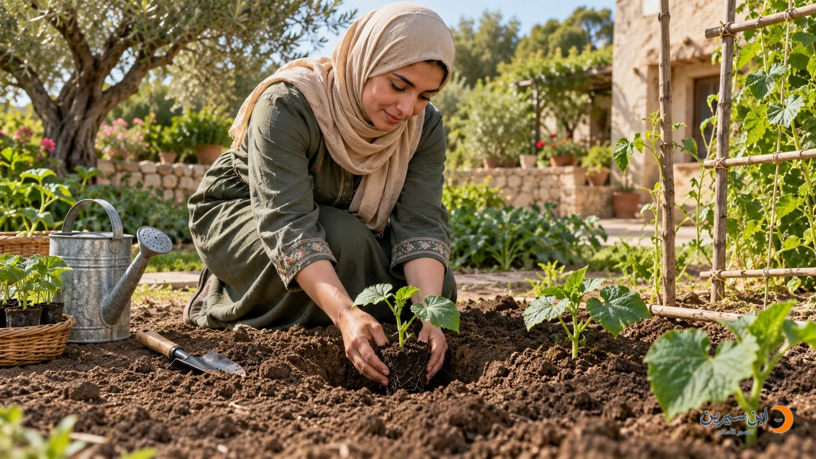 امرأة عربية تضع شتلة خيار في حفرة زراعية