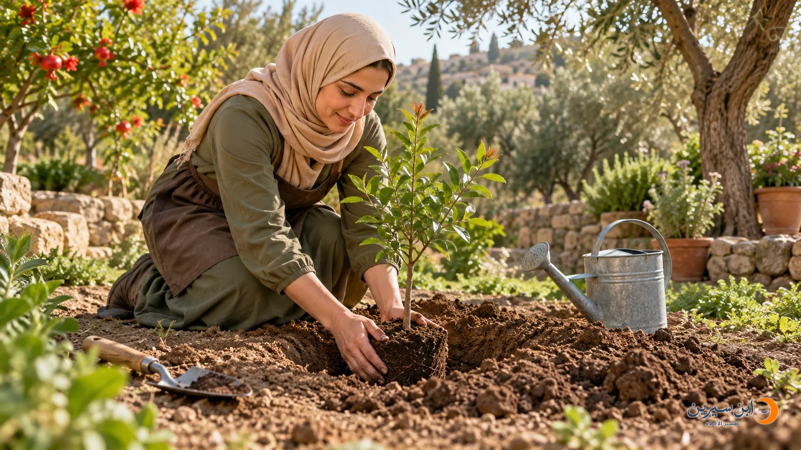 امرأة عربية تضع شتلة رمان في حفرة للزراعة