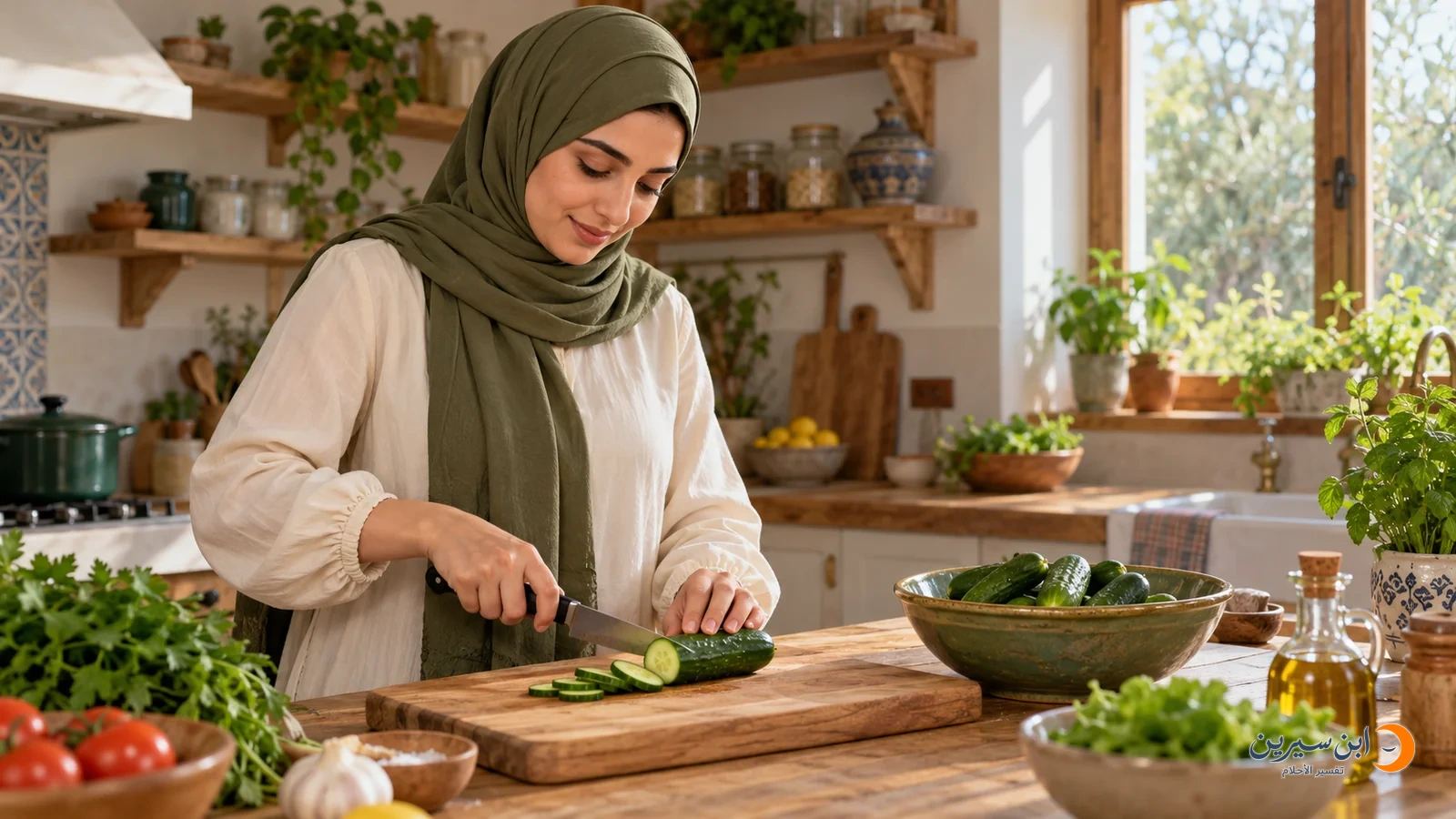 امرأة عربية تقطع الخيار إلى شرائح على لوح خشبي
