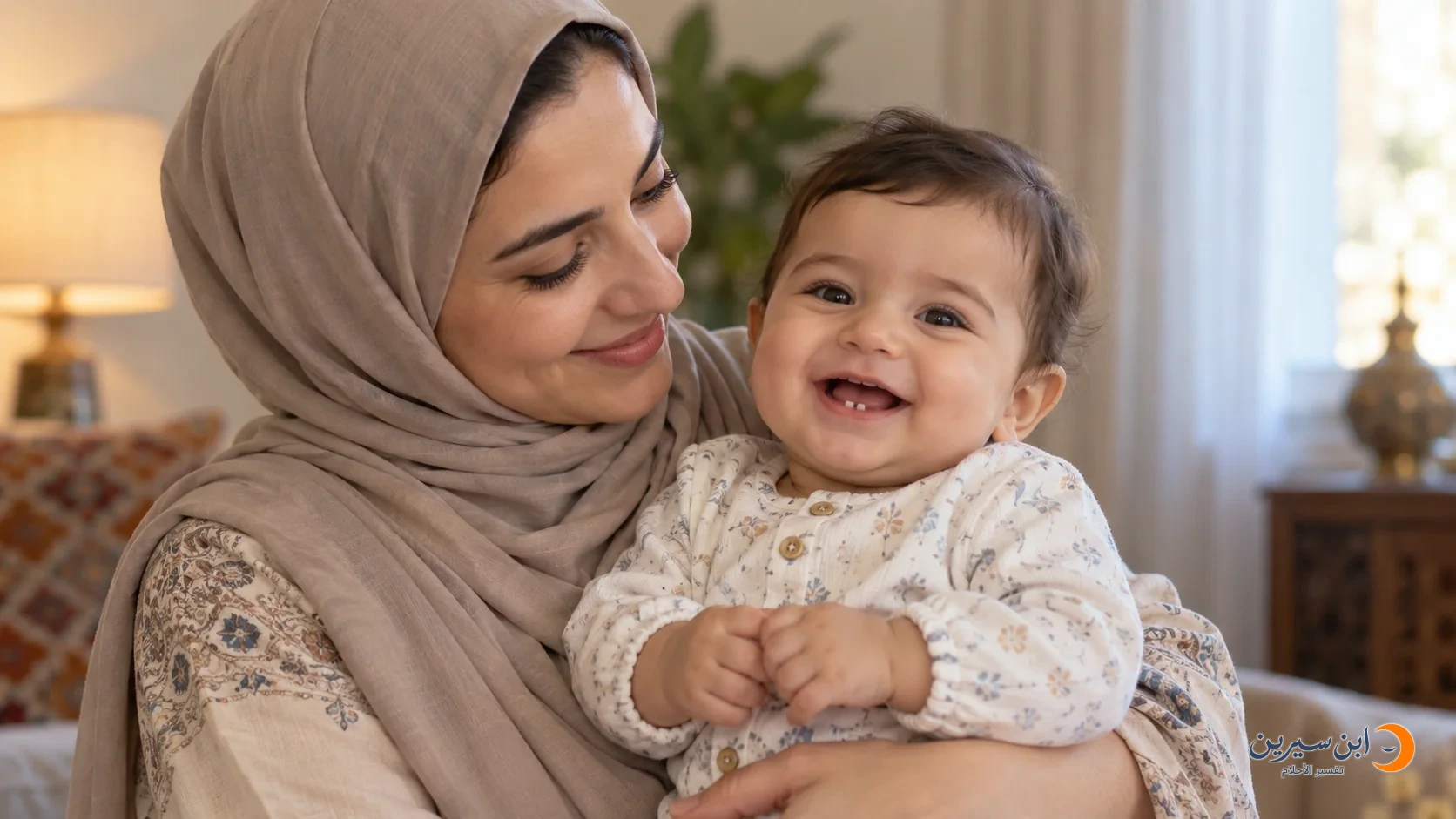 امرأة تحمل رضيعًا مبتسمًا وتظهر في فمه أسنان صغيرة