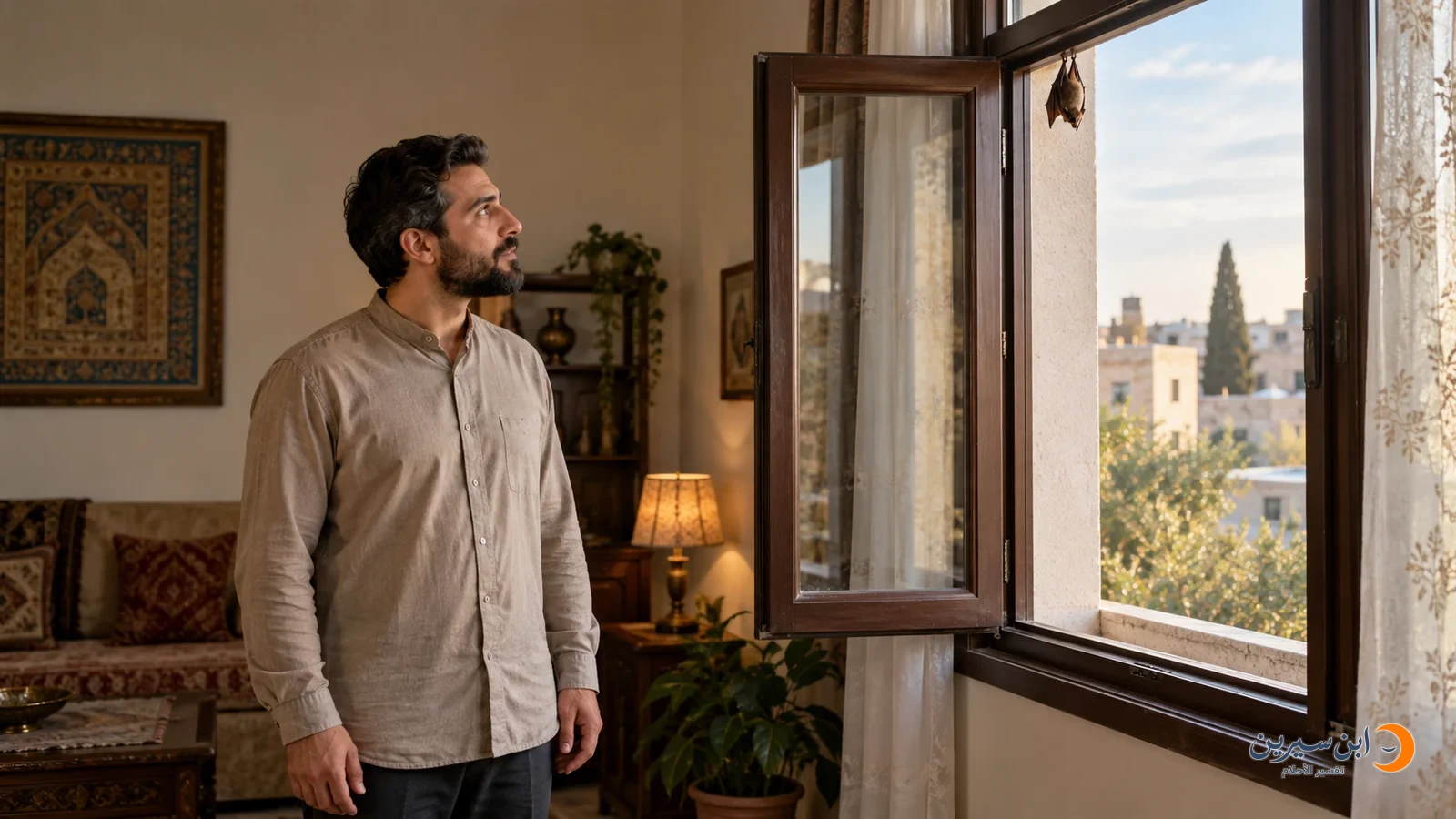رجل ينظر إلى خفاش داخل غرفة قرب نافذة