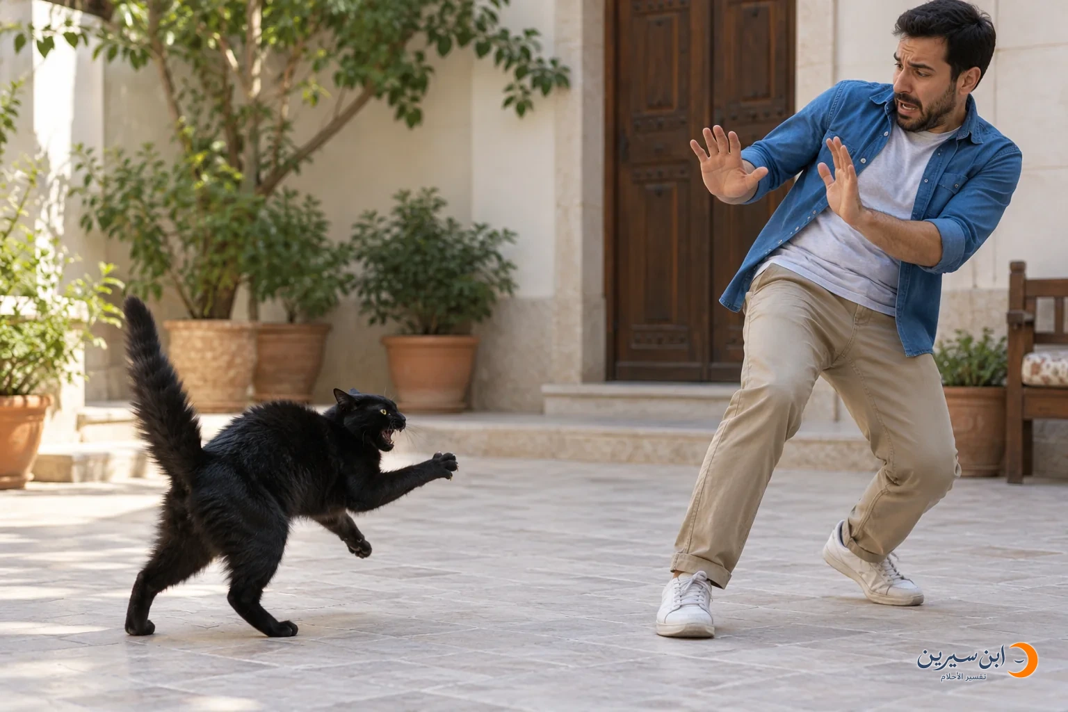 قطة سوداء تندفع نحو رجل يتراجع ويرفع يديه لحماية نفسه
