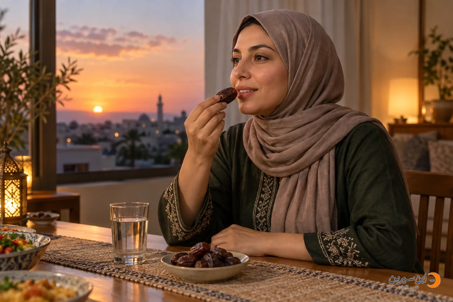شخص يفطر على تمر وماء عند الغروب