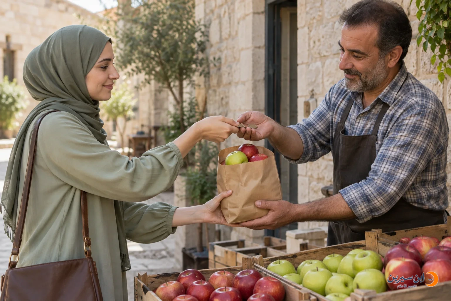 امرأة تدفع نقودًا لبائع وتتسلم كيسًا من التفاح الأحمر والأخضر