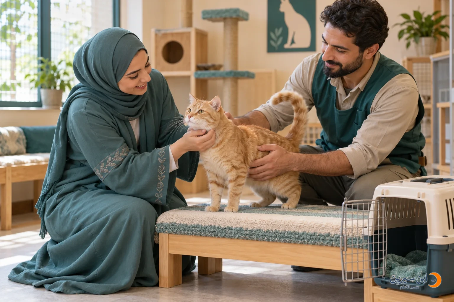 امرأة تستلم قطة أليفة من رجل في مكان لرعاية الحيوانات