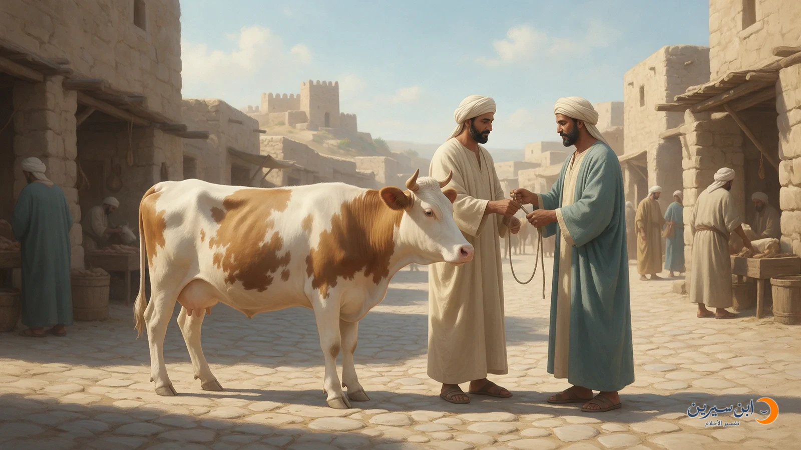 رجل يتسلم حبل بقرة من بائع في سوق