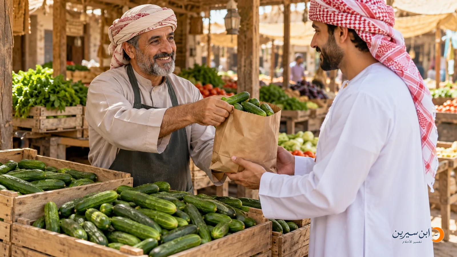 بائع عربي يقدم كيس خيار إلى زبون في سوق الخضار