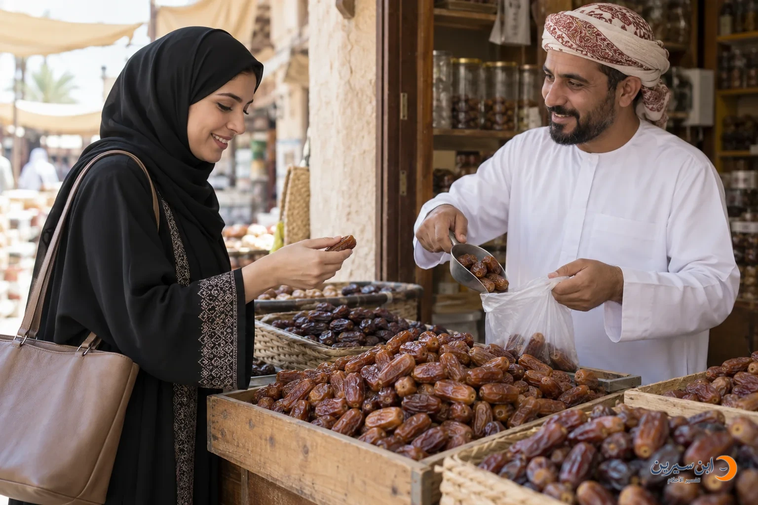 امرأة تشتري تمرًا من بائع في متجر