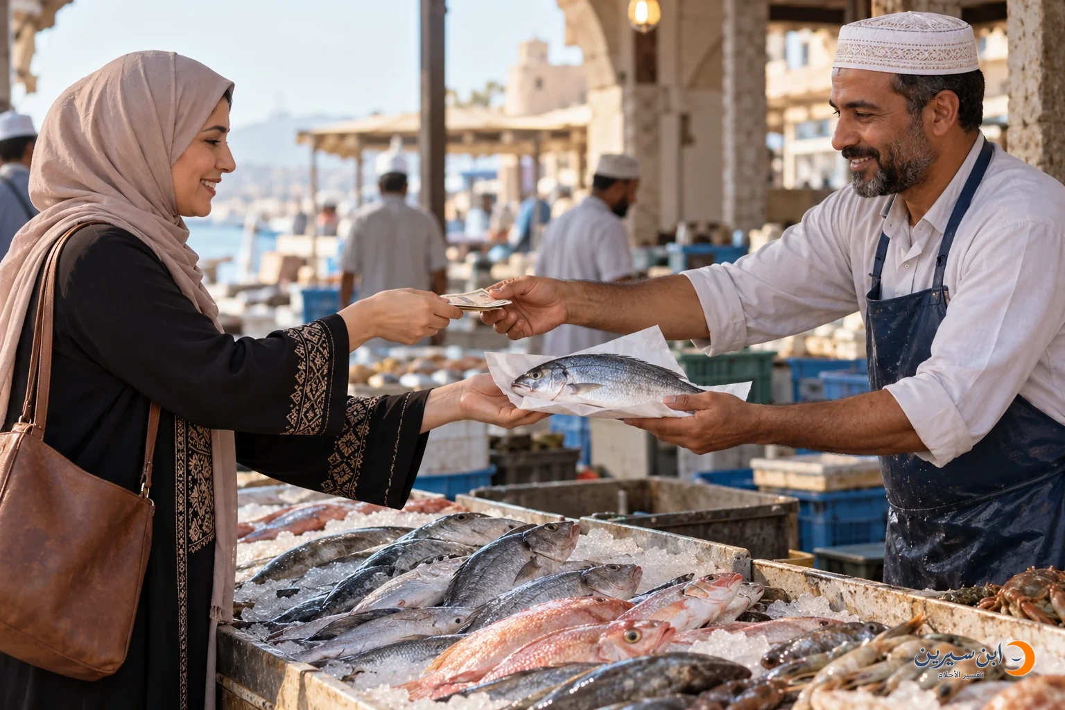 امرأة تشتري سمكة من بائع في سوق السمك