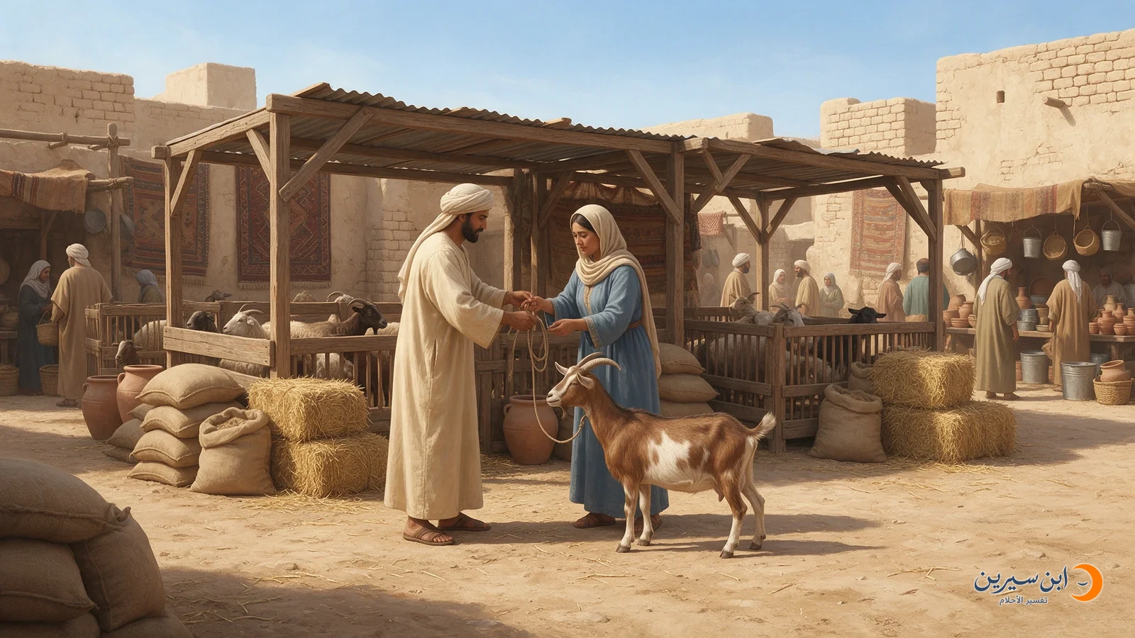 امرأة تتسلم حبل عنزة من بائع في سوق