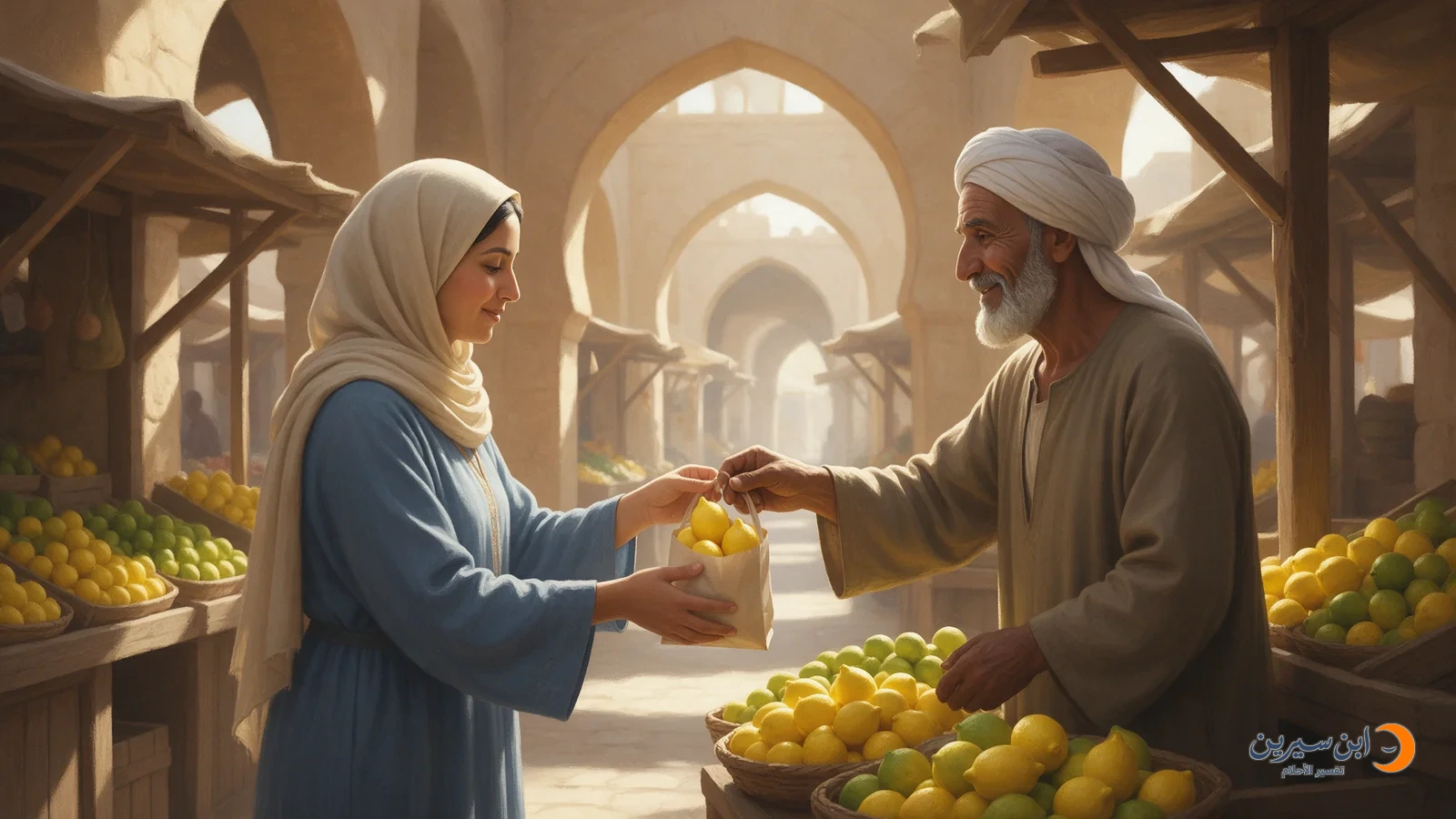 امرأة تستلم كيس ليمون من بائع في سوق